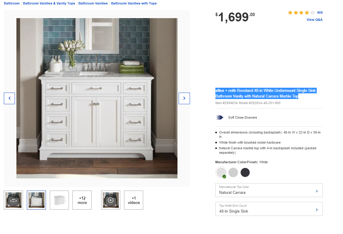 allen + roth Roveland 48-in White Undermount Single Sink Bathroom Vanity with Carrara Natural Marble Top