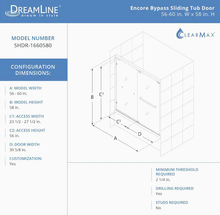 Load image into Gallery viewer, DreamLine Encore 58-in H x 56-in to 60-in W Semi-Frameless Sliding Satin Black Bathtub Door (Clear Glass)