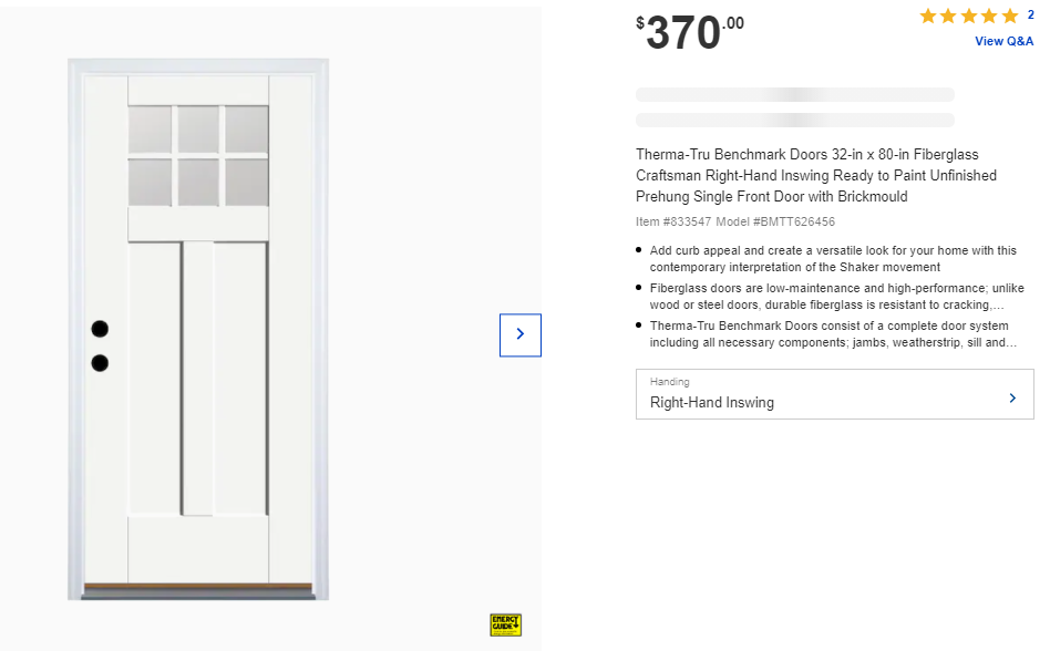 Therma-Tru Benchmark Doors 32-in x 80-in Fiberglass Craftsman Left-Hand Inswing Ready To Paint Unfinished Prehung Single Front Door