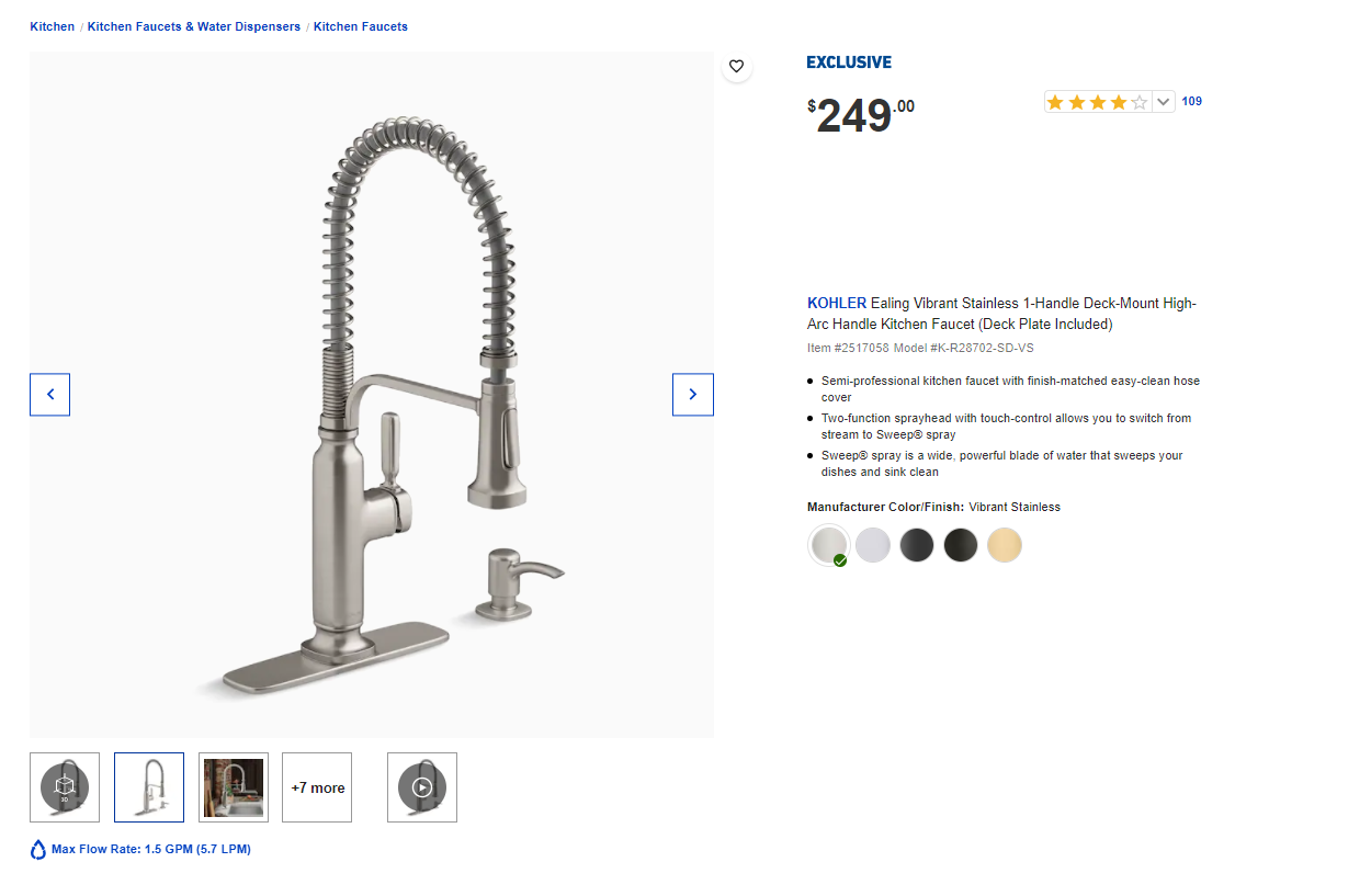 KITCHEN FAUCET KOHLER EALING 2024 PRO R28702-SD-BL