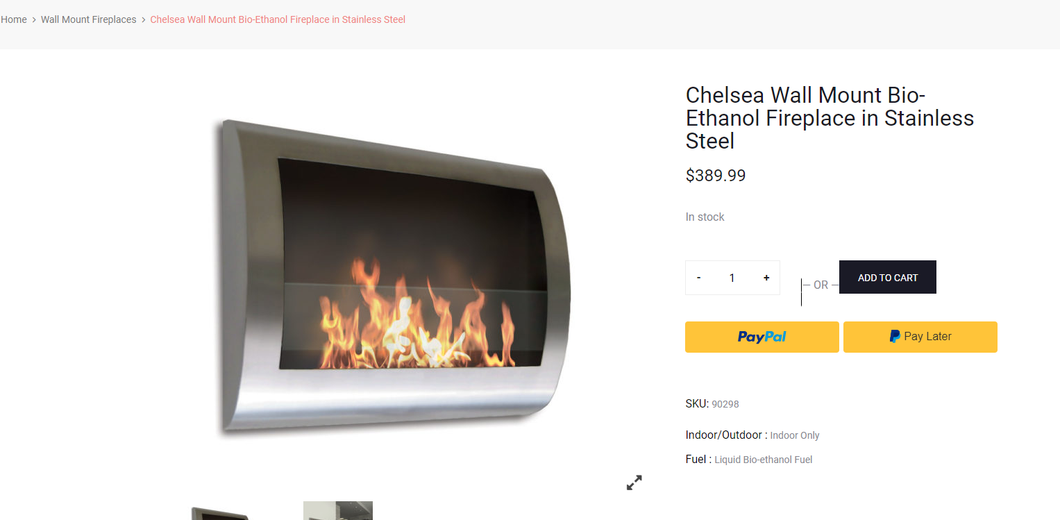 Chelsea Wall Mount Bio-Ethanol Fireplace in Stainless Steel