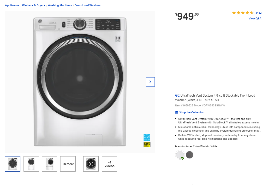 GE UltraFresh Vent System 4.8cu ft Stackable FrontLoad Washer (White