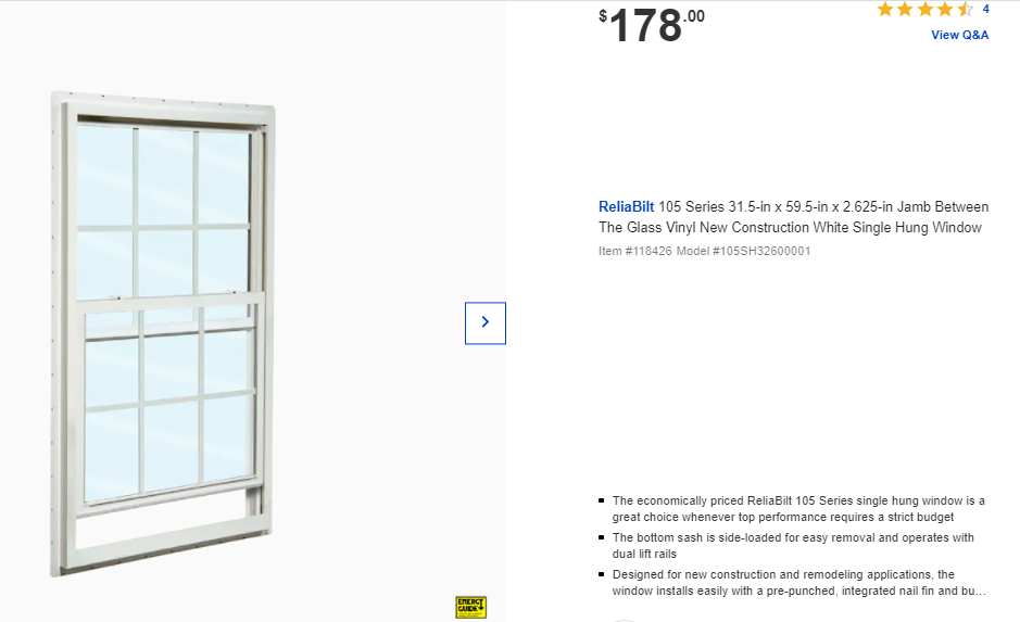 ReliaBilt 105 Series 31.5-in x 59.5-in x 2.625-in Jamb Between The Glass Vinyl New Construction White Single Hung Window