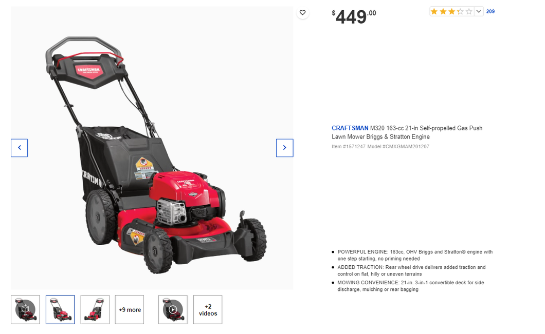 CRAFTSMAN M320 163 cc 21 in Self propelled Gas Push Lawn Mower Briggs Build Smart Liquidation